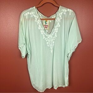 Johnny Was boho embroidered blouse v-neck blue green size medium